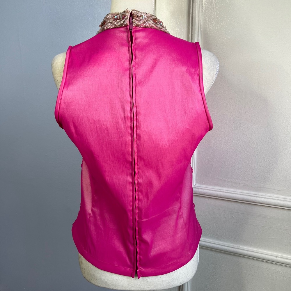 Y2K Vintage TADASHI Top Ruched Beaded Sequins Metallic Hot Pink Women's Size 12 - Picture 7 of 9